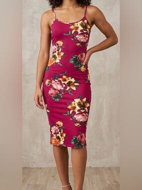 Heart Hips Berry Floral Spaghetti-Strap Midi Dress